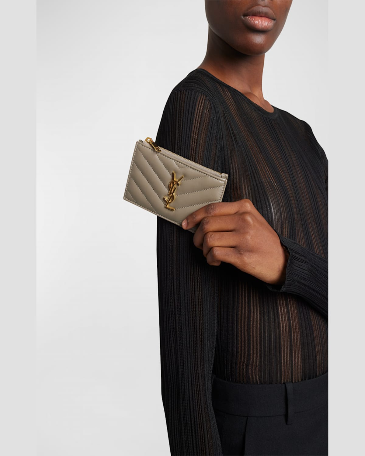 Saint Laurent Small Ysl Zip Card Case In Quilted Leather In Greyish Brown