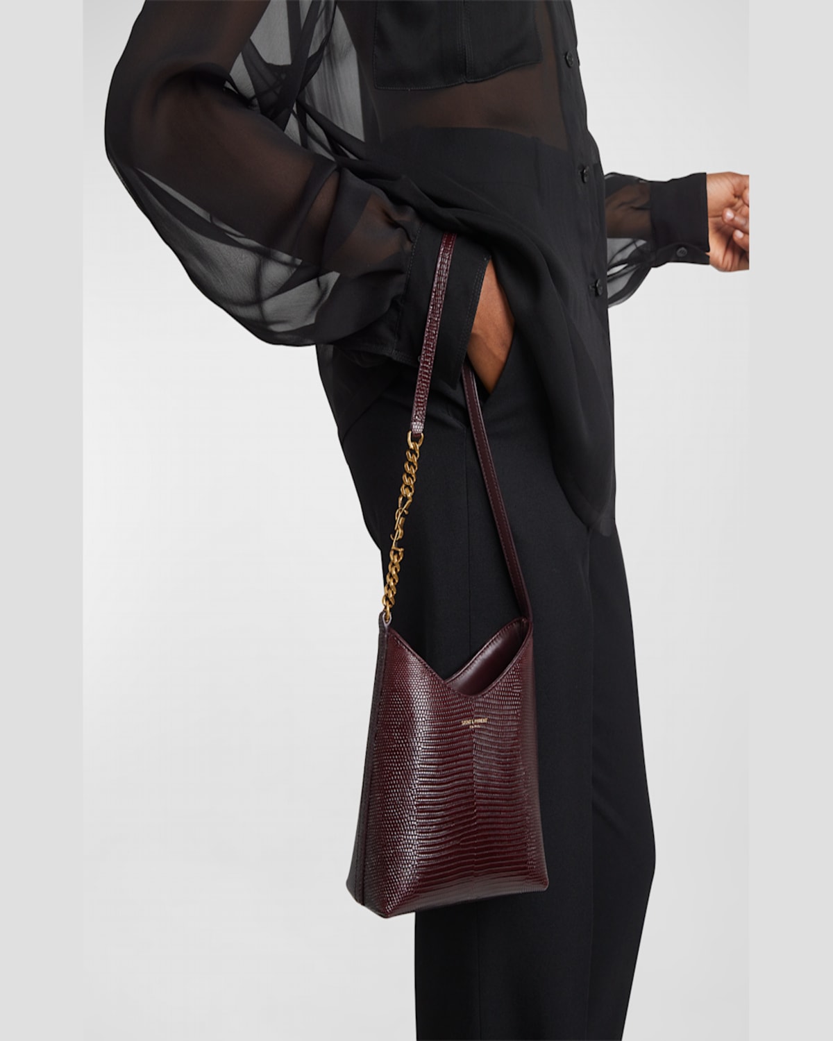 Saint Laurent Mini Shoulder Bag In Shiny Lizard-embossed Leather In Bordeaux