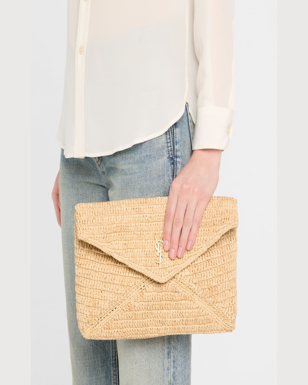 Saint Laurent Large Ysl Envelope Pouch Clutch Bag In Raffia & Leather In Naturale Brick