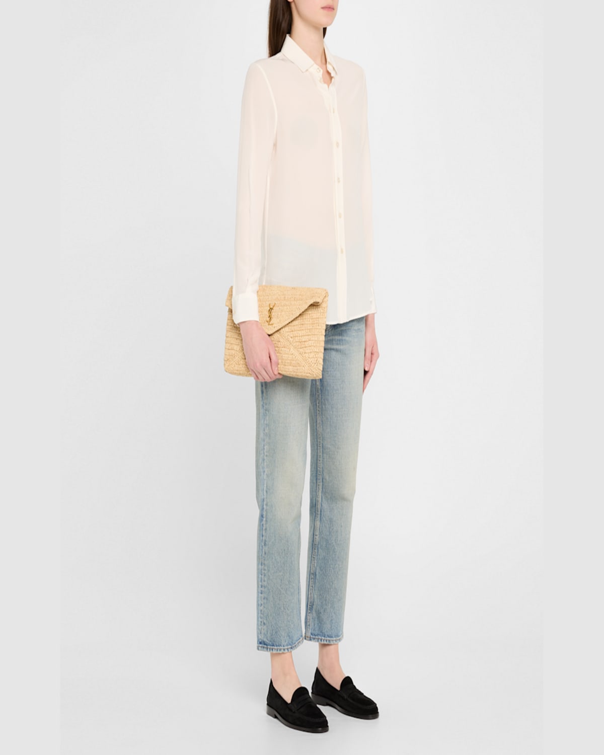 Saint Laurent Large Ysl Envelope Pouch Clutch Bag In Raffia & Leather In Naturale Brick