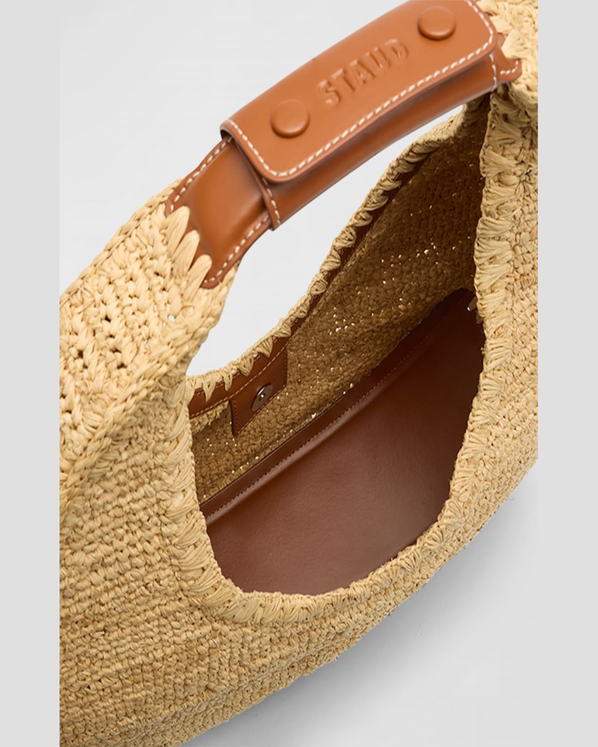 Staud Moon Large Leather-trimmed Raffia Tote In Naturaltan