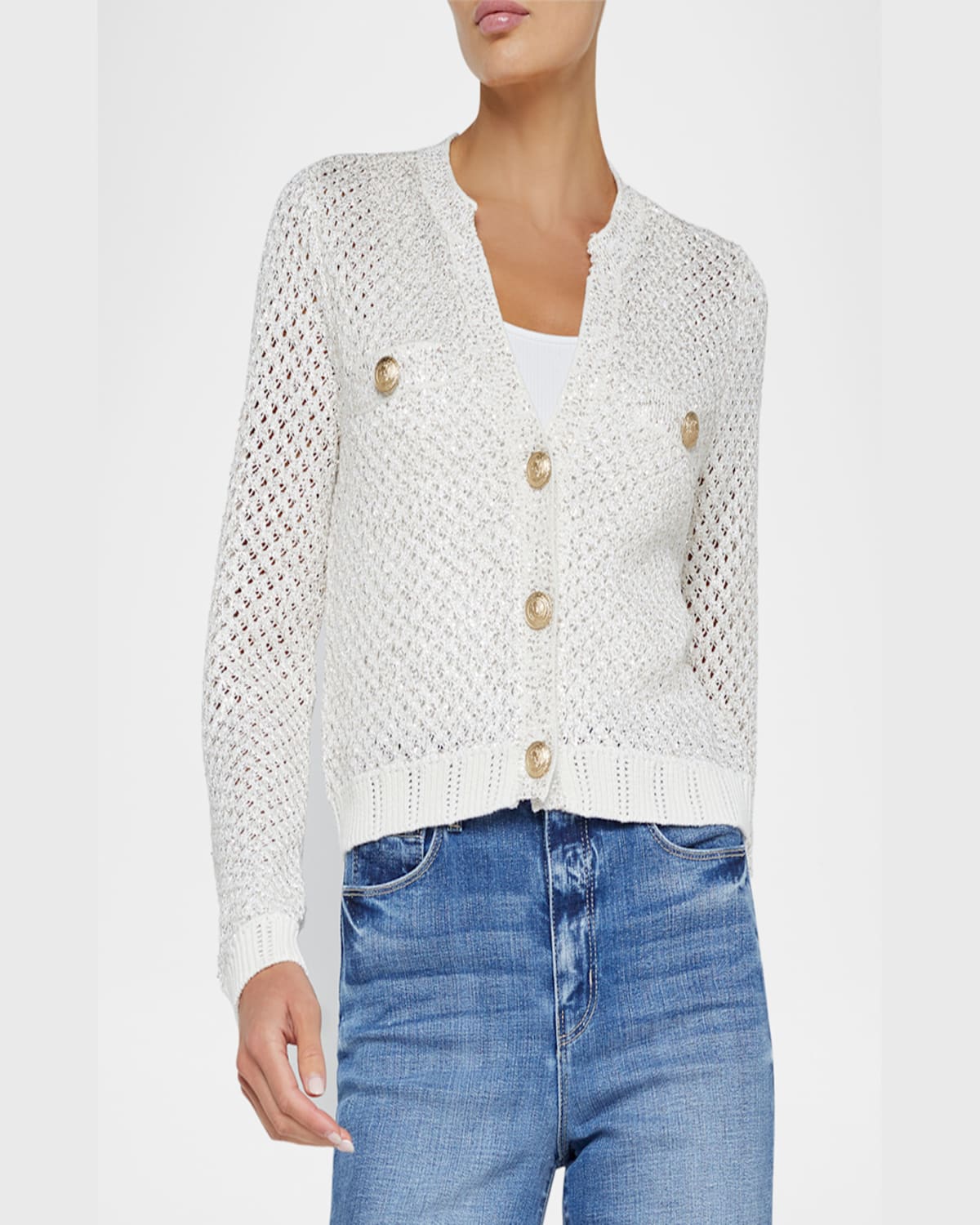 L Agence Blanca Sequined Cropped Cardigan In Ivorygold