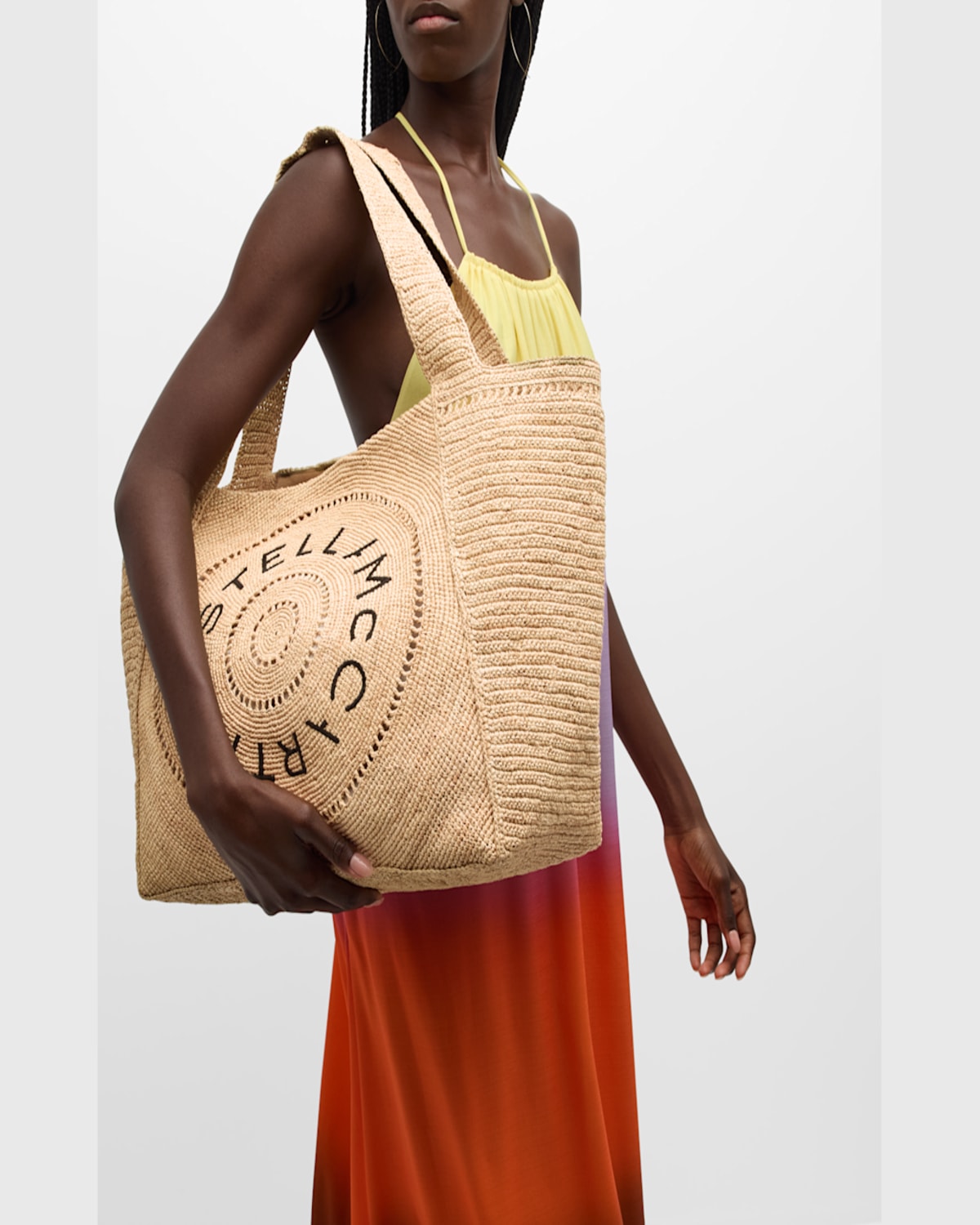 Stella Mccartney Logo Eco Crochet Raffia Tote Bag In Natural