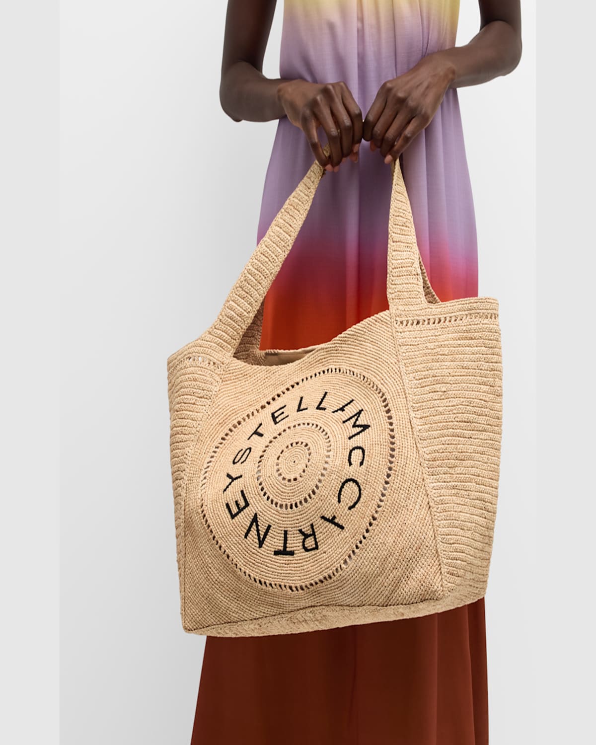 Stella Mccartney Logo Eco Crochet Raffia Tote Bag In Natural