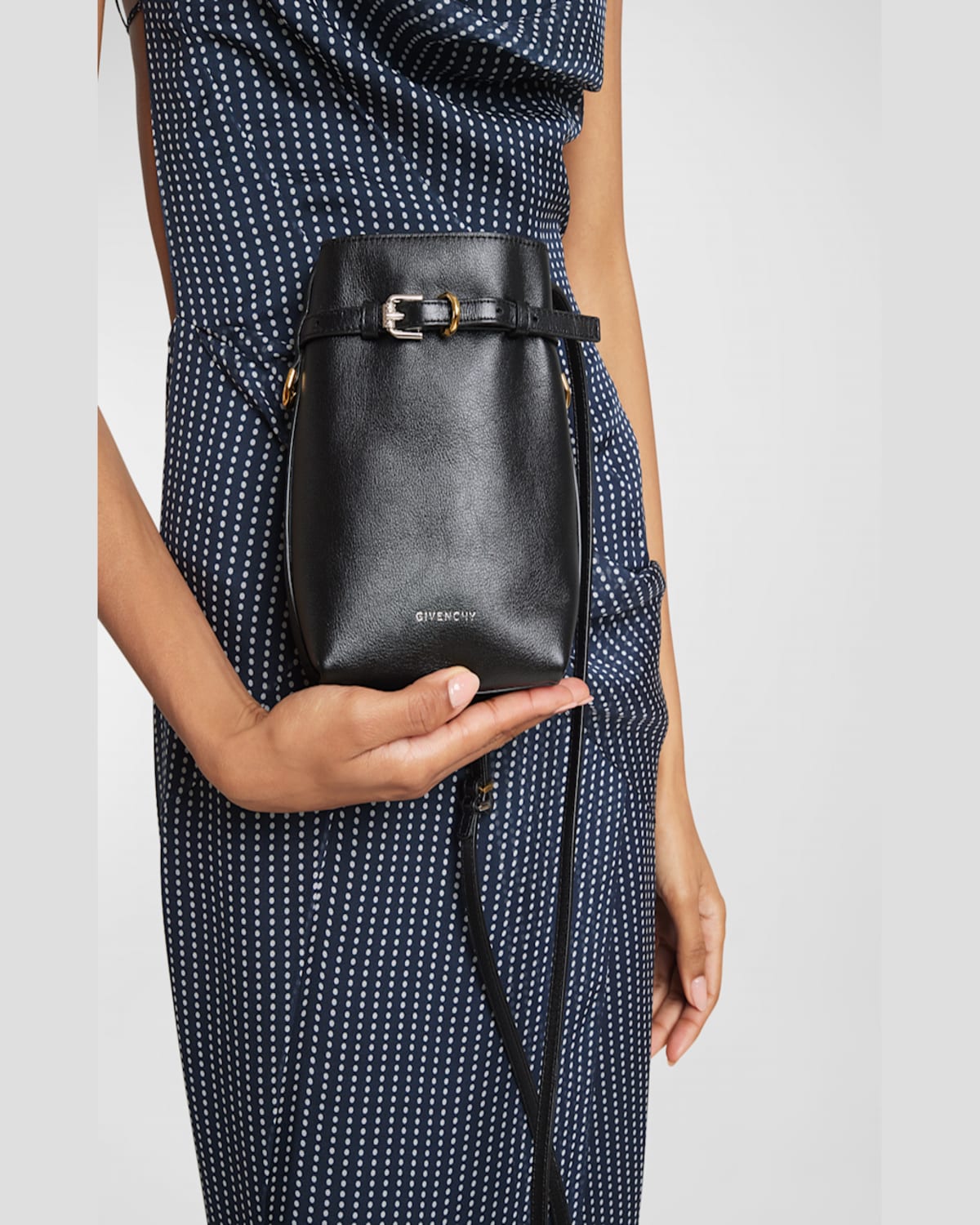 Givenchy Voyou Phone Pouch Bucket Bag In Shiny Tumbled Leather In Black