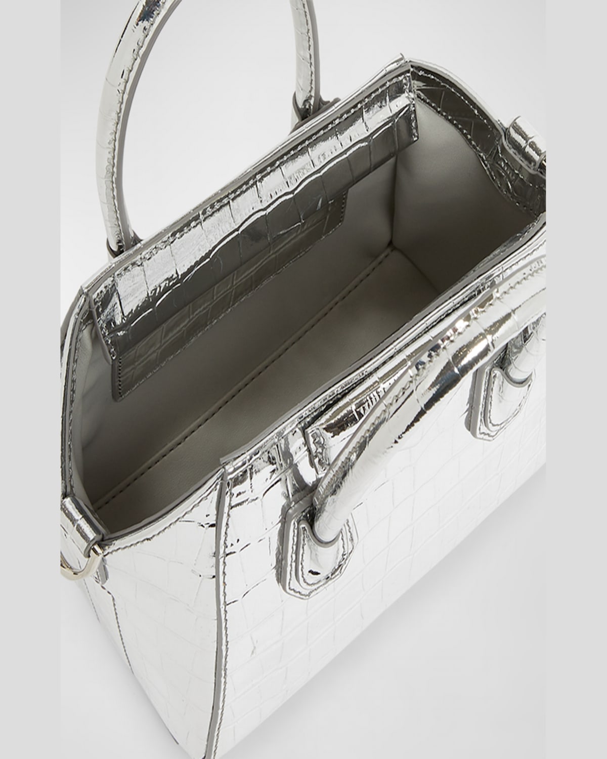 Givenchy Antigona Toy Top-handle Bag In Metallic Croc-embossed Leather In Light Silver