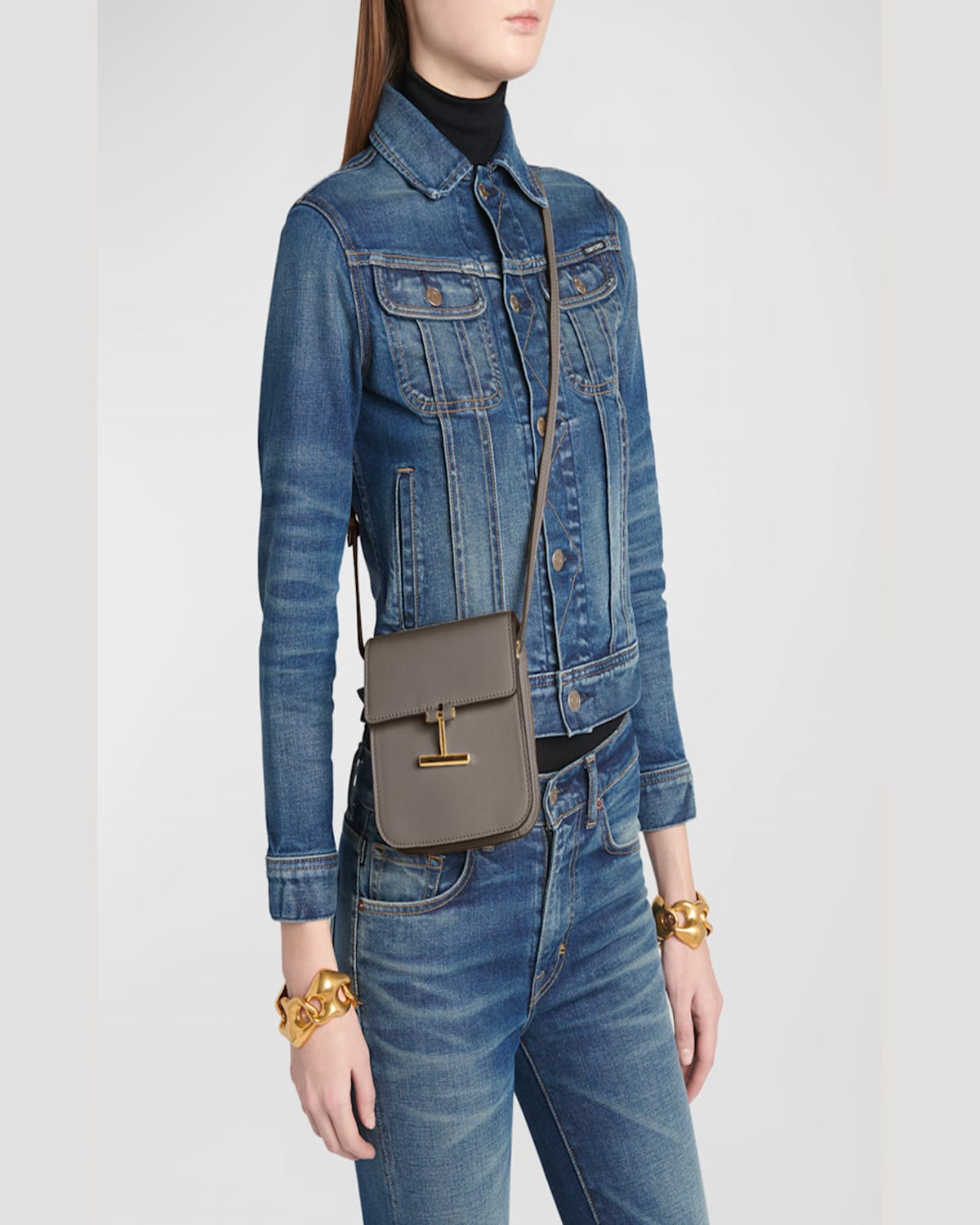 Tom Ford Tara Mini Crossbody Bag In Grain Leather In Greige