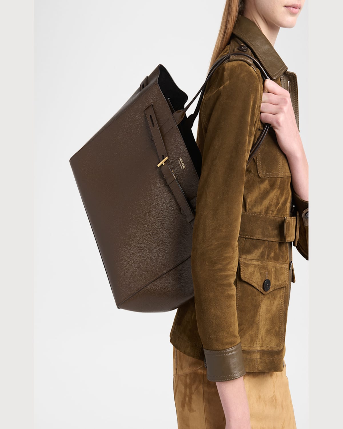 Tom Ford Audrey Medium Tote Bag In Grain Leather In Dark Khaki