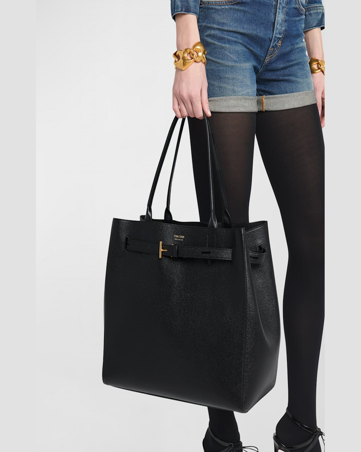 Shop Tom Ford Audrey Large Tote Bag In Grain Leather In Dark Khaki