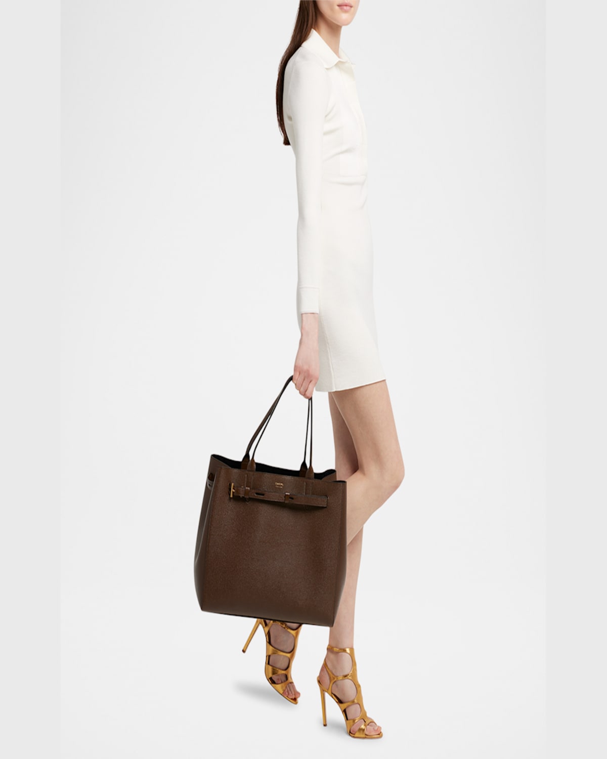 Shop Tom Ford Audrey Large Tote Bag In Grain Leather In Dark Khaki