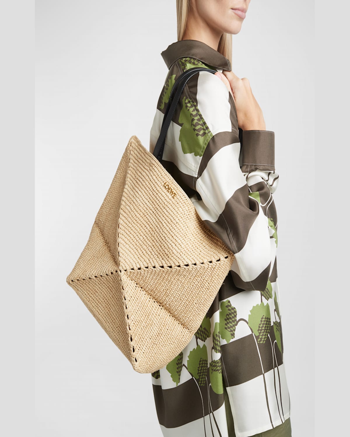 Loewe X Paula's Ibiza Medium Puzzle Fold Tote Bag In Raffia With Leather Handles In Natural