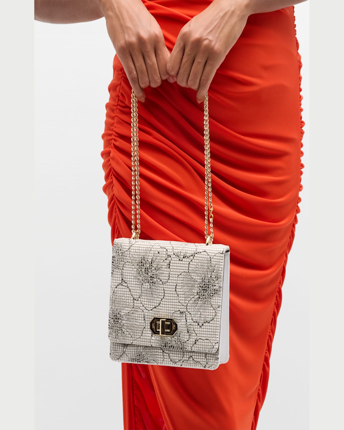 Whiting & Davis Mesh Floral Suede Shoulder Bag In White And Black