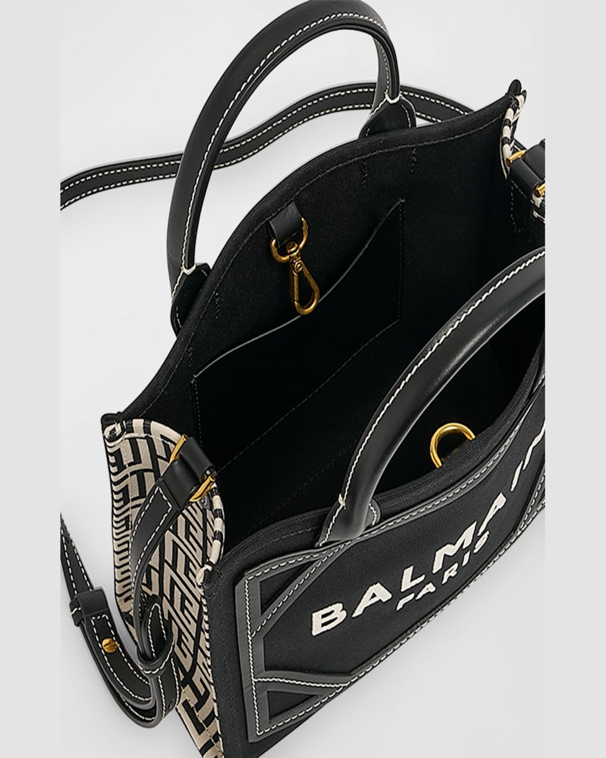 Balmain B-army Medium Shopper In Black And White Canvas And Leather In Ivoire/noir