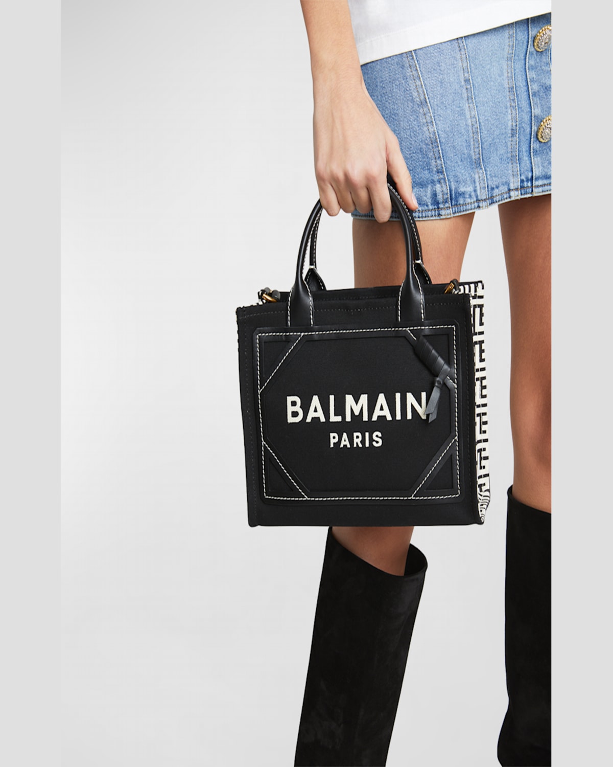 Balmain B-army Medium Shopper In Black And White Canvas And Leather In Ivoire/noir