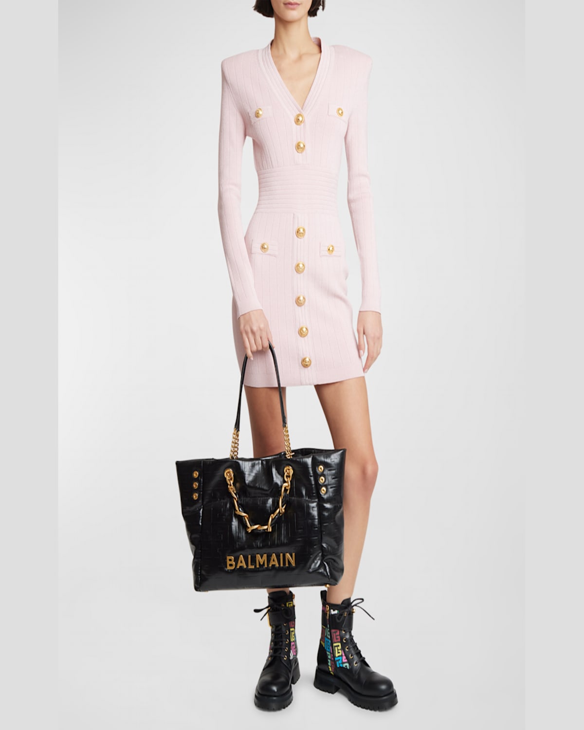 Balmain 1945 Cabas Tote Bag In Monogram Crinkled Leather In Noir