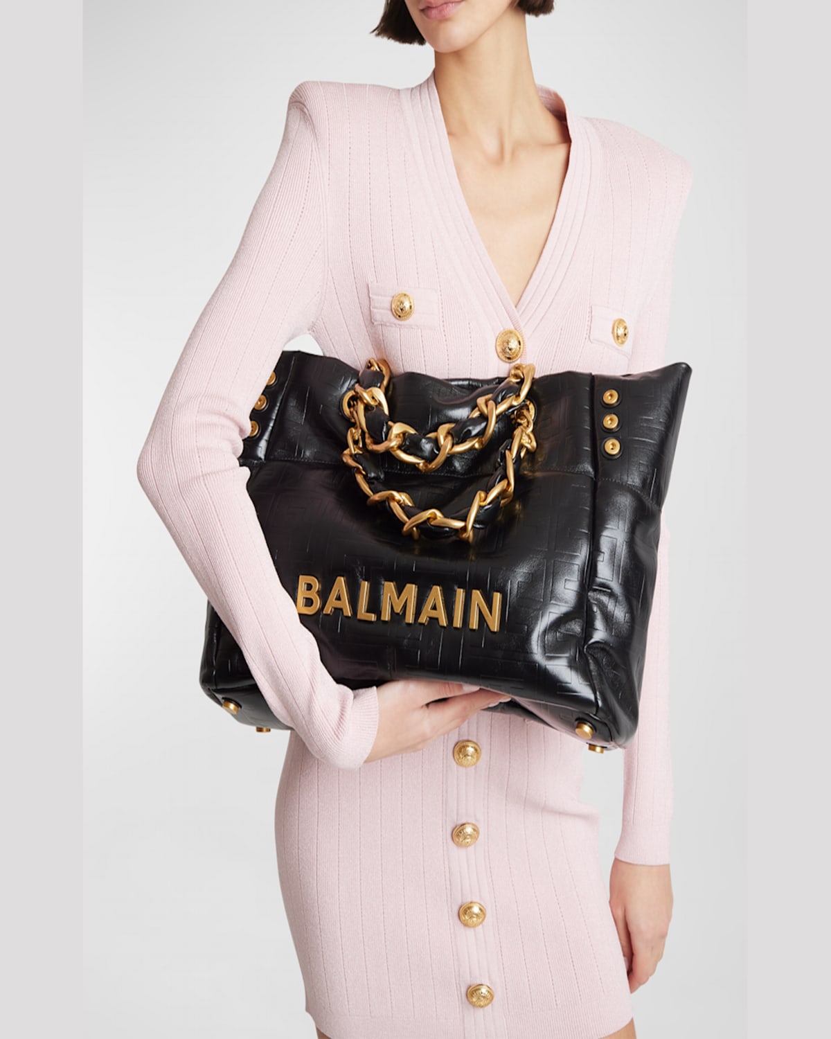 Balmain 1945 Cabas Tote Bag In Monogram Crinkled Leather In Noir