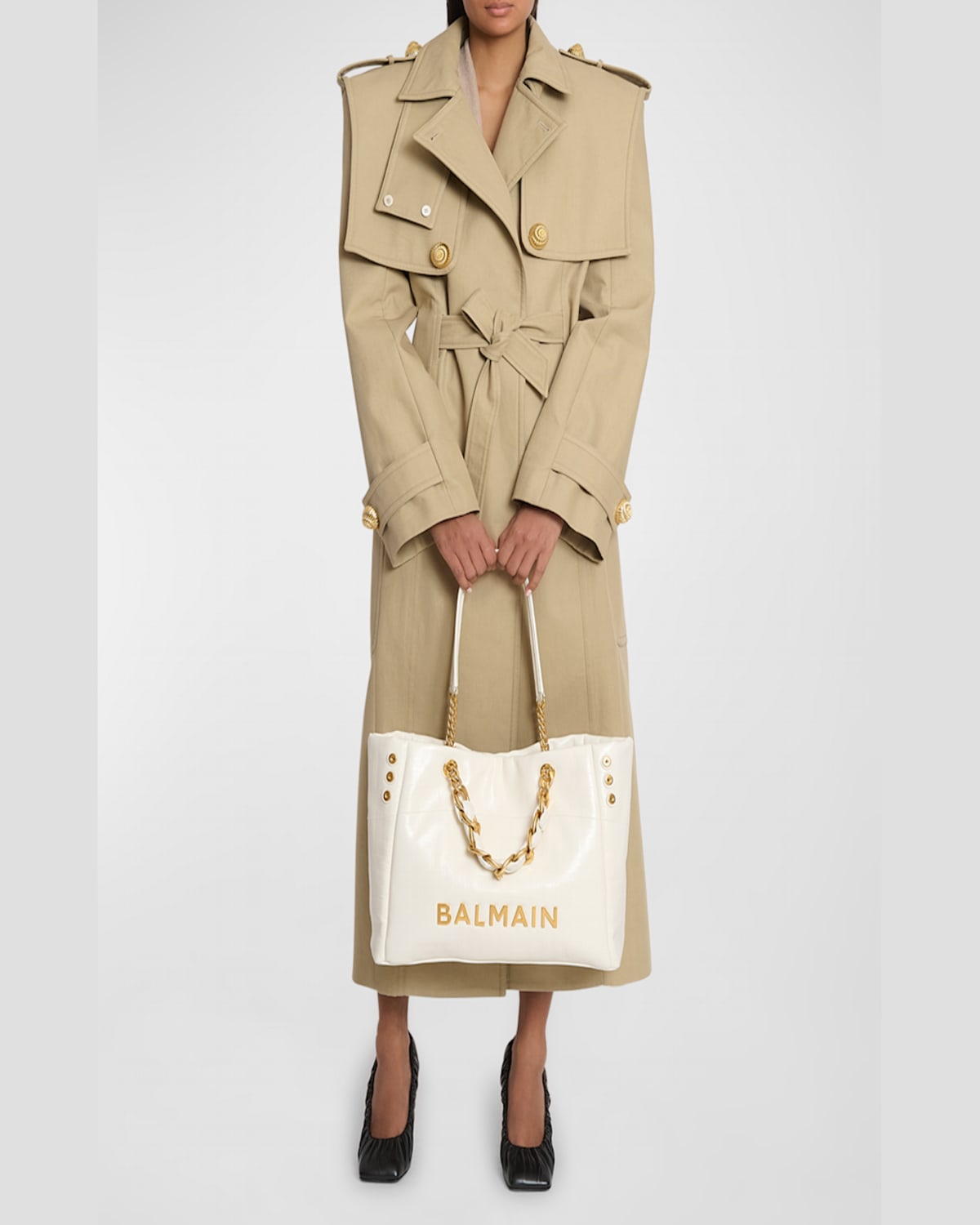 Balmain 1945 Cabas Tote Bag In Monogram Crinkled Leather In Creme