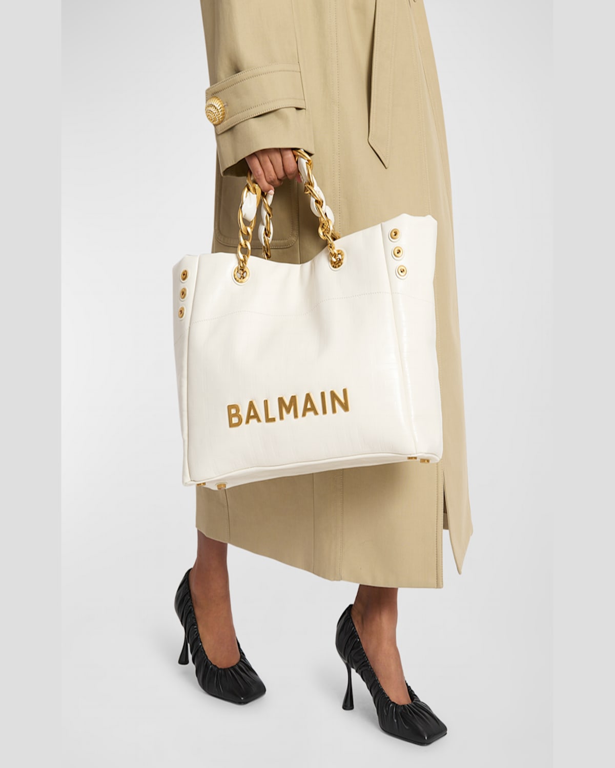 Balmain 1945 Cabas Tote Bag In Monogram Crinkled Leather In Creme