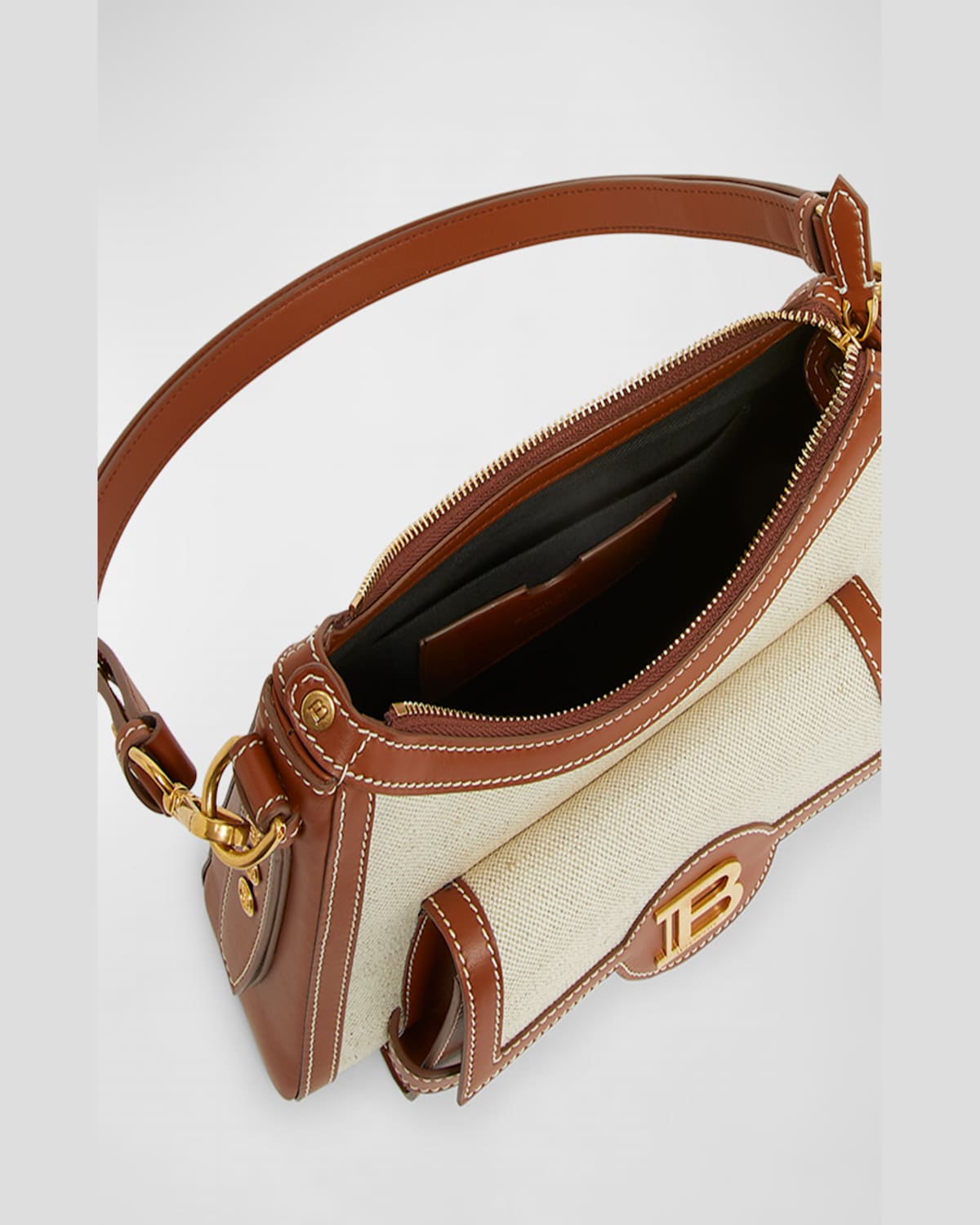 Balmain Bbuzz Hobo Bag In Canvas And Leather In Beige
