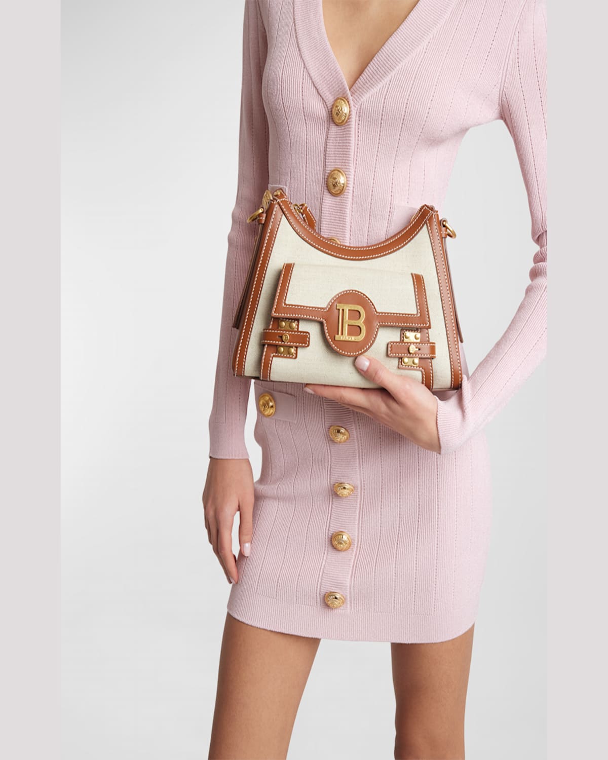 Balmain Bbuzz Hobo Bag In Canvas And Leather In Beige