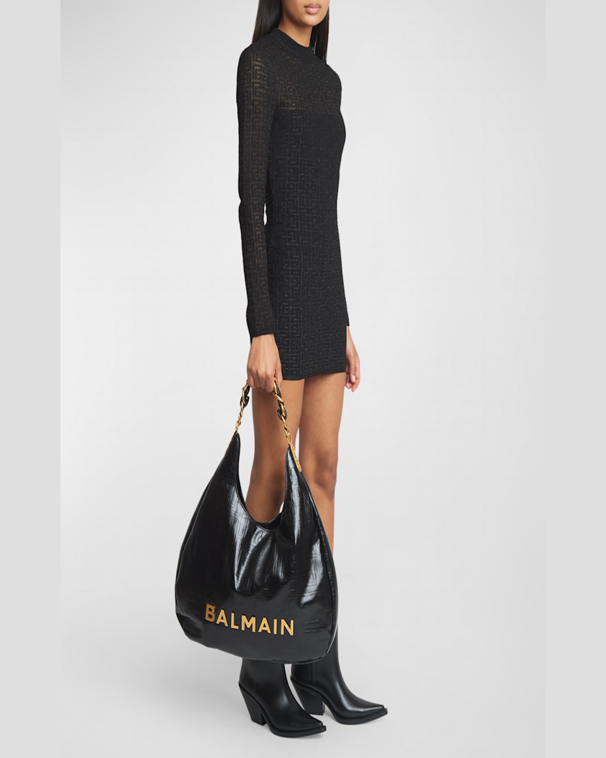 Balmain Large 1945 Soft Hobo Bag In Embossed Crinkled Calfskin With A Pb Labyrinth Monogram In Noir
