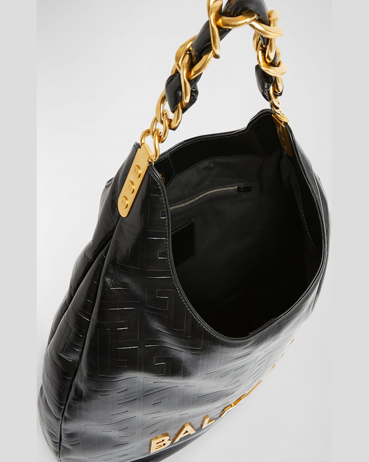 Balmain Large 1945 Soft Hobo Bag In Embossed Crinkled Calfskin With A Pb Labyrinth Monogram In Noir