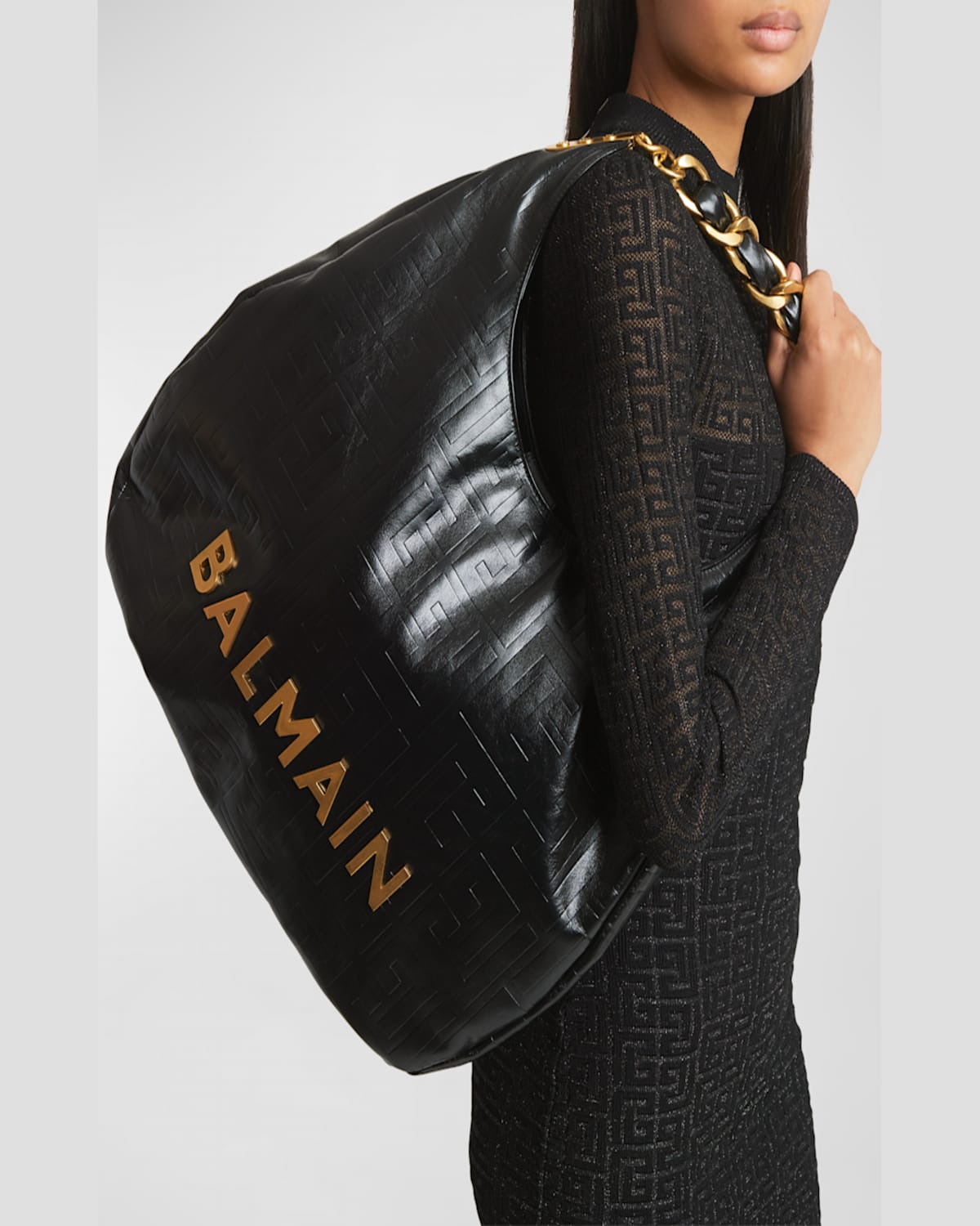 Balmain Large 1945 Soft Hobo Bag In Embossed Crinkled Calfskin With A Pb Labyrinth Monogram In Noir