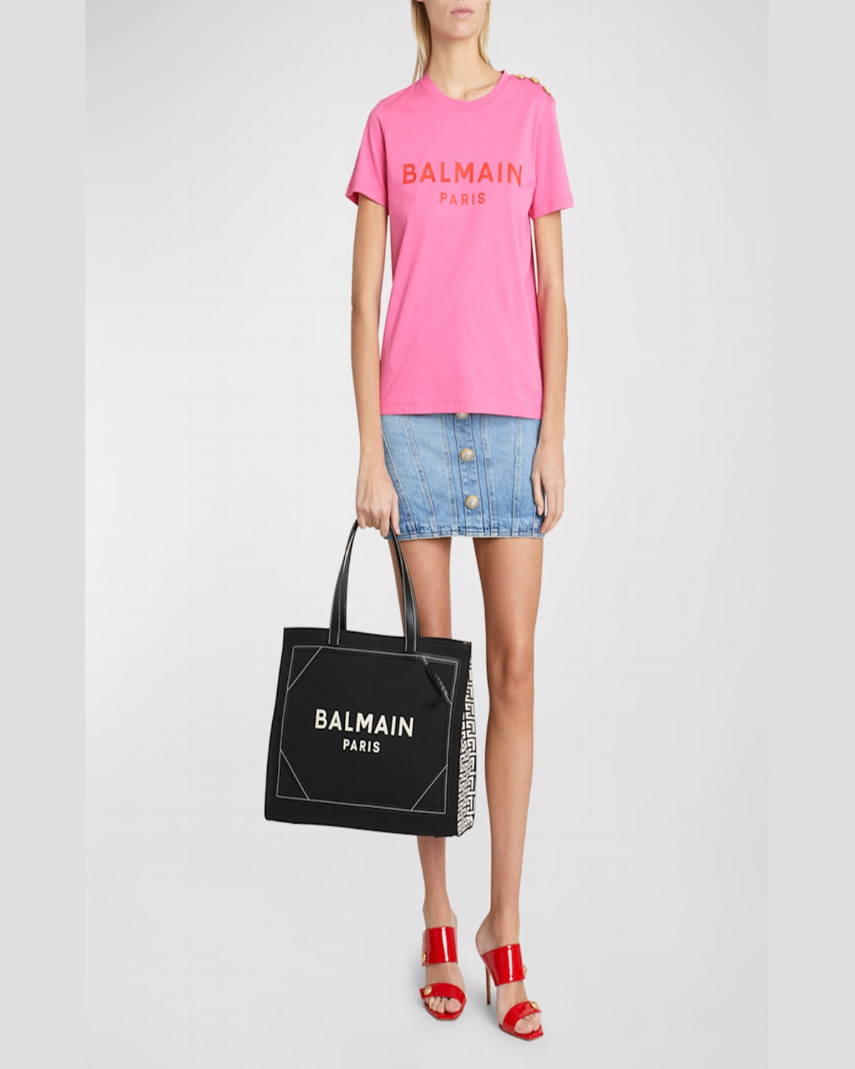Shop Balmain B Army Medium Shopper Tote Bag In Monogram Canvas In Ivoire/noir