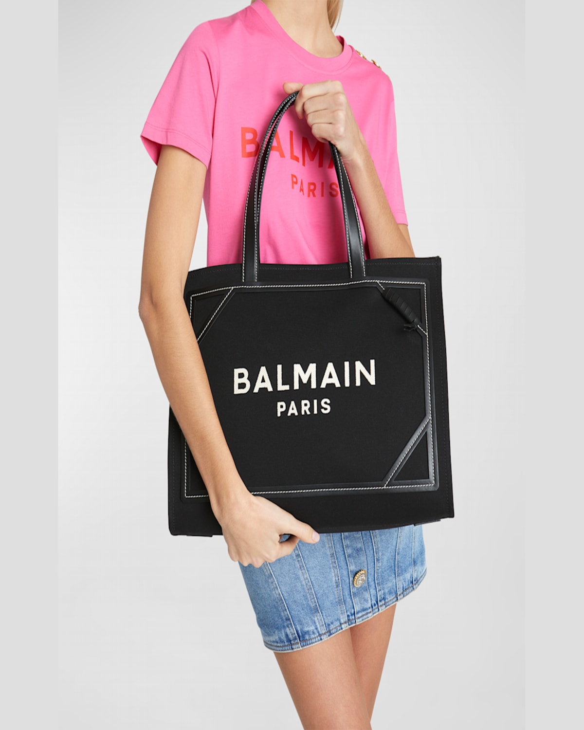 Shop Balmain B Army Medium Shopper Tote Bag In Monogram Canvas In Ivoire/noir