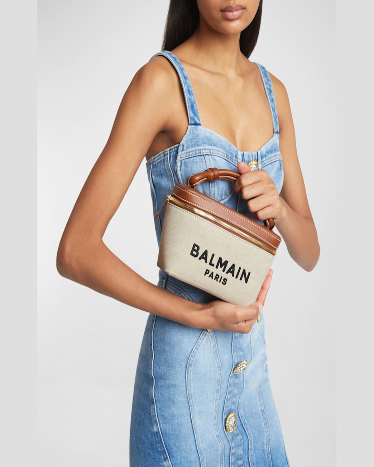 Balmain B Army Vanity Top-handle Bag In Canvas In Naturel/marron