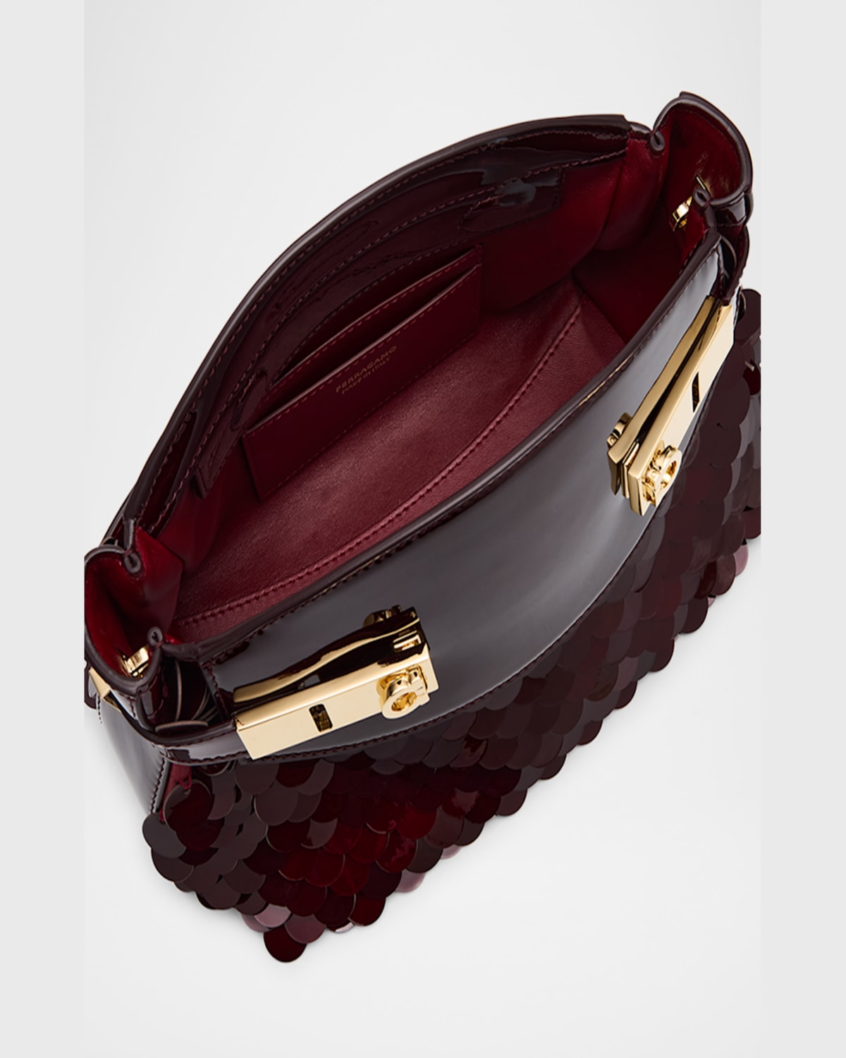FERRAGAMO HUG SMALL SEQUINED LEATHER POUCH CLUTCH BAG 