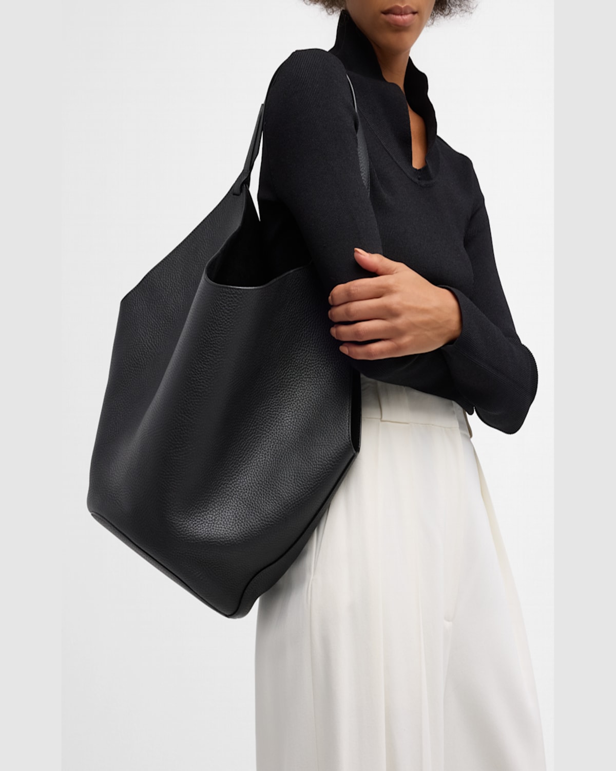 Khaite Lotus Medium Pebbled Leather Tote Bag In Black