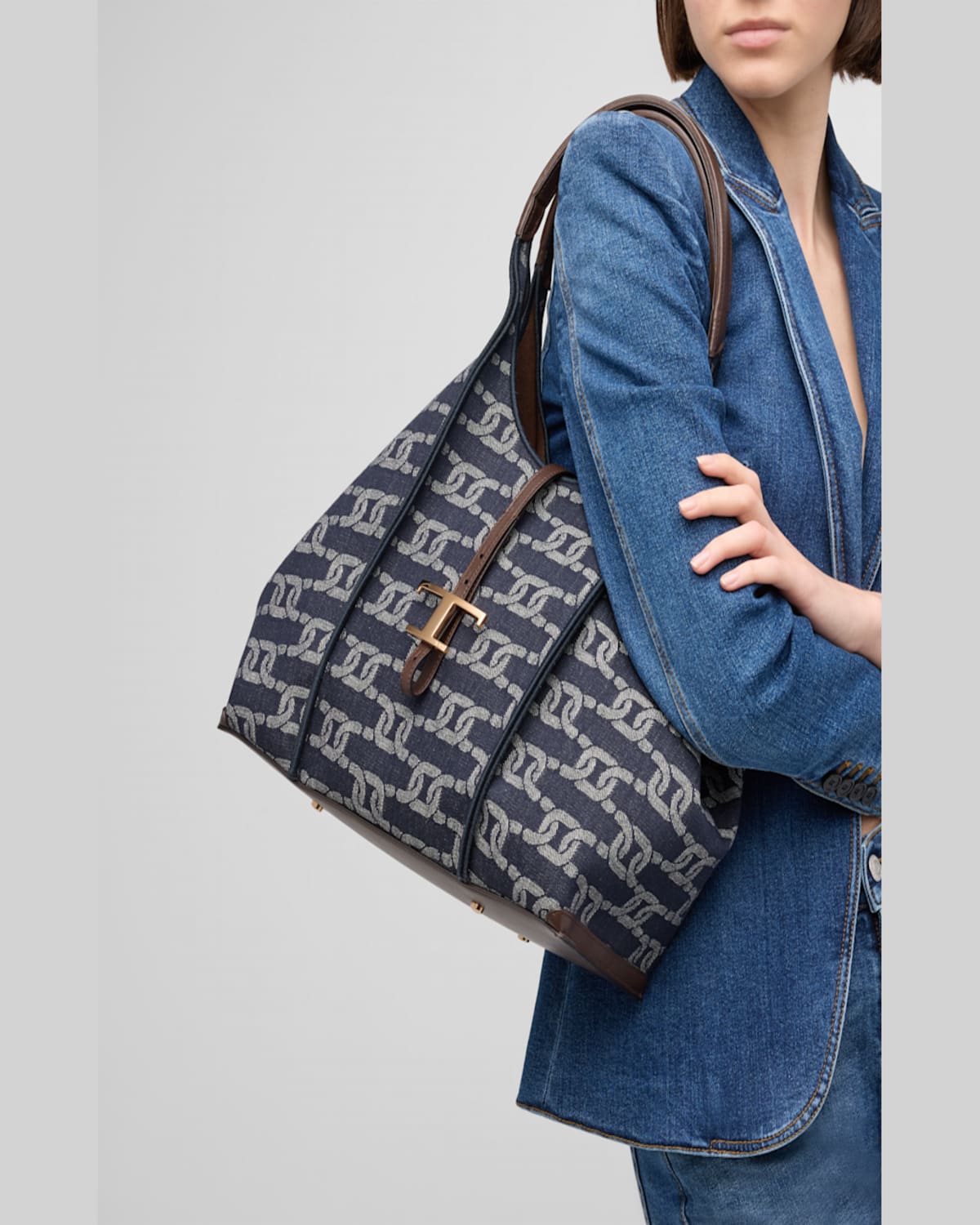 Tod's Logo Canvas Shopper Shoulder Bag In Denim Link