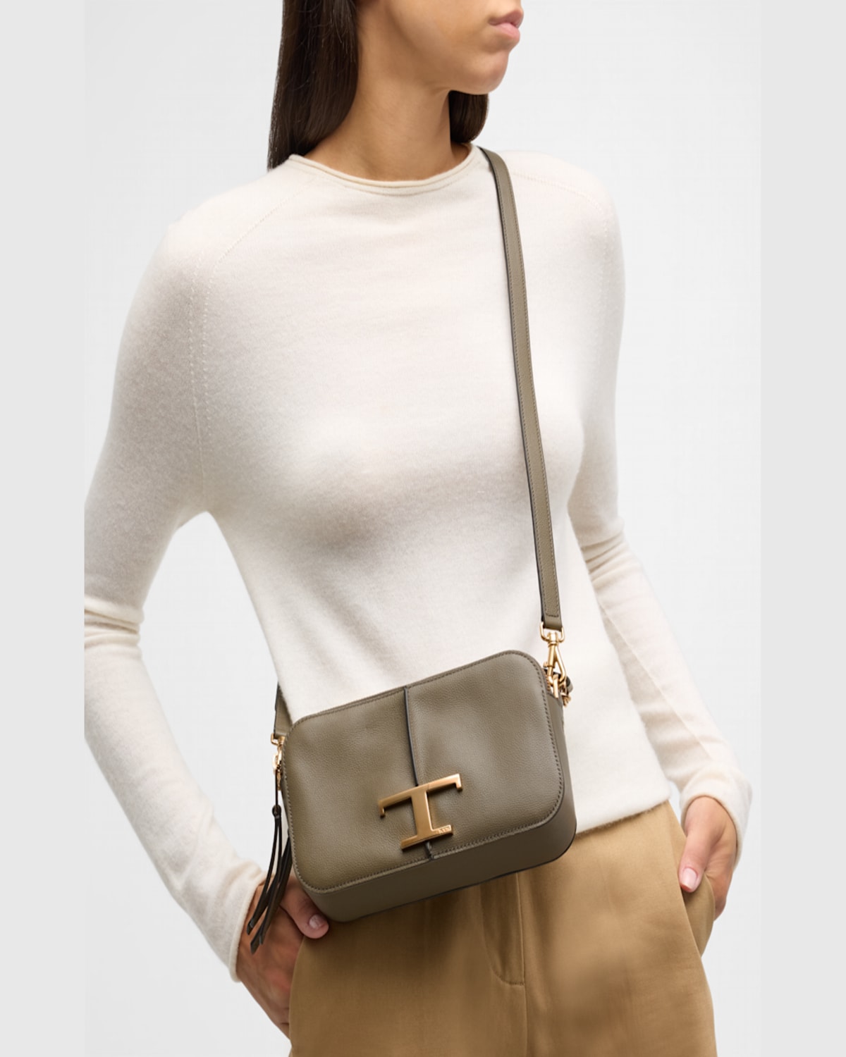 Tod's Mini Calfskin Leather Camera Shoulder Bag In Tortora Scuro