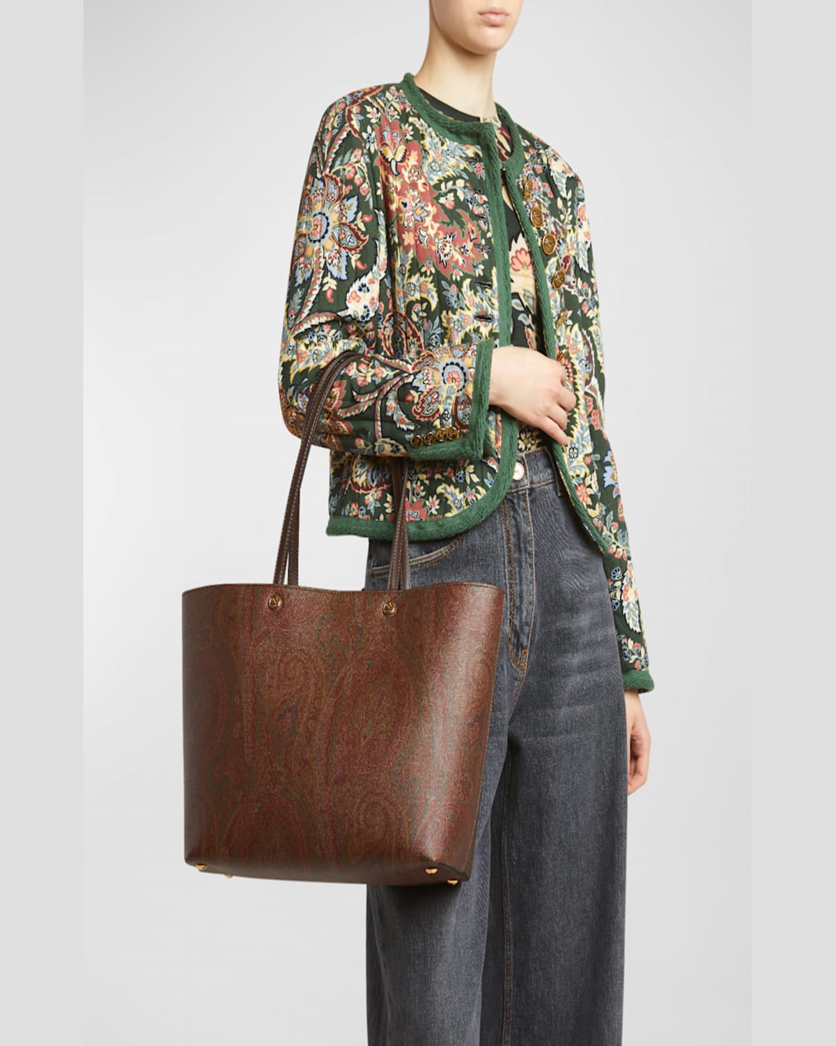 Etro Luxurious Xl Tote Handbag In Brown Leather With Paisley Print For Women In Brown