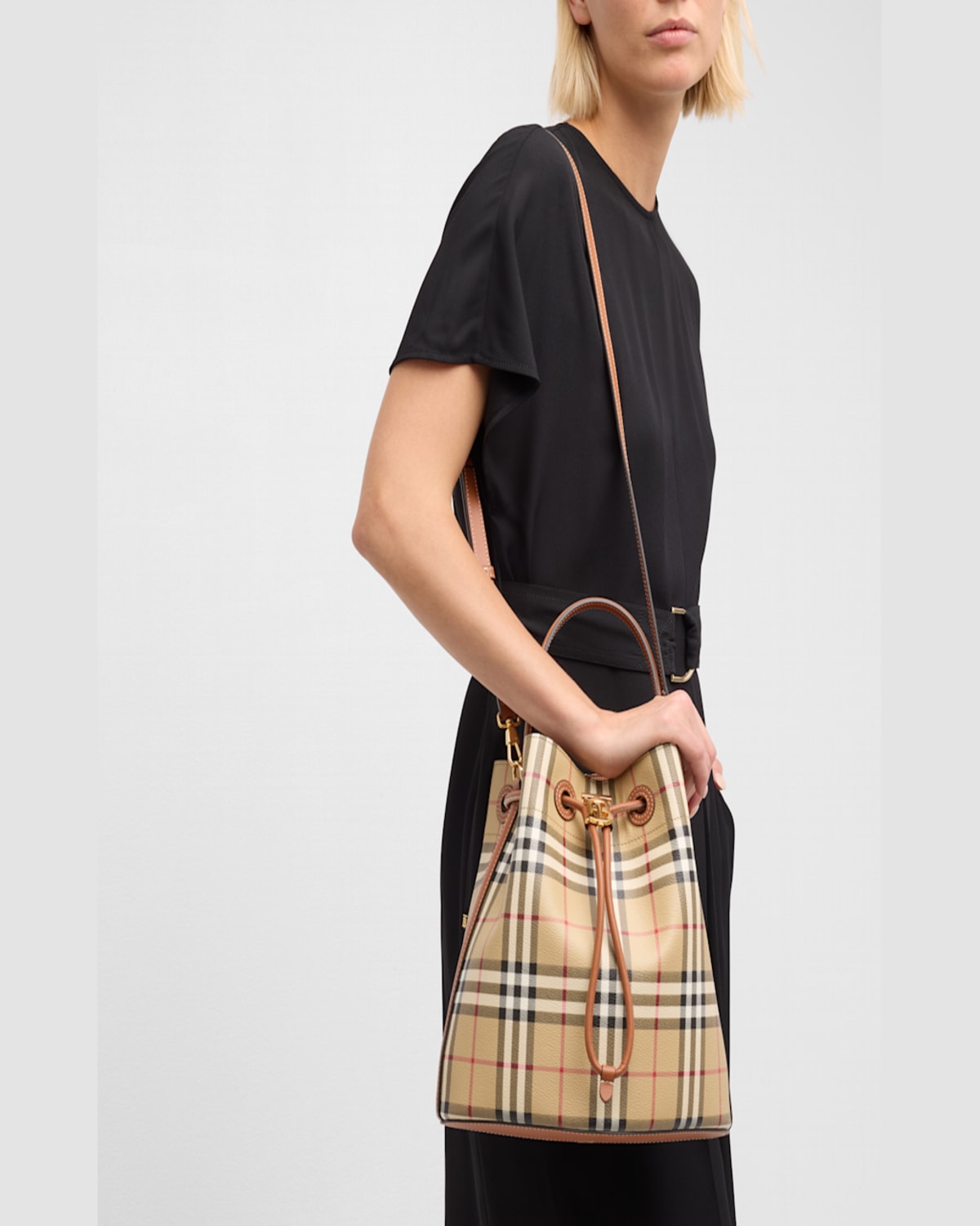 Burberry Small Check Drawstring Bucket Bag In Vntg Chkbriar Brown