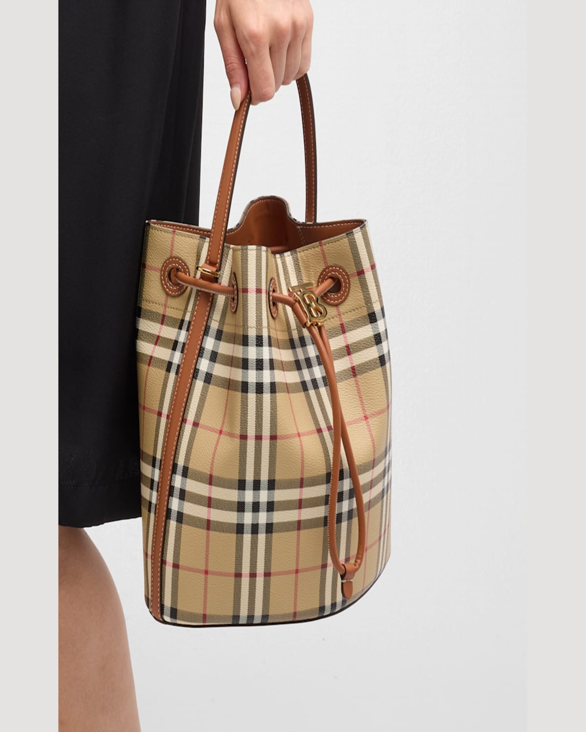Burberry Small Check Drawstring Bucket Bag In Vntg Chkbriar Brown