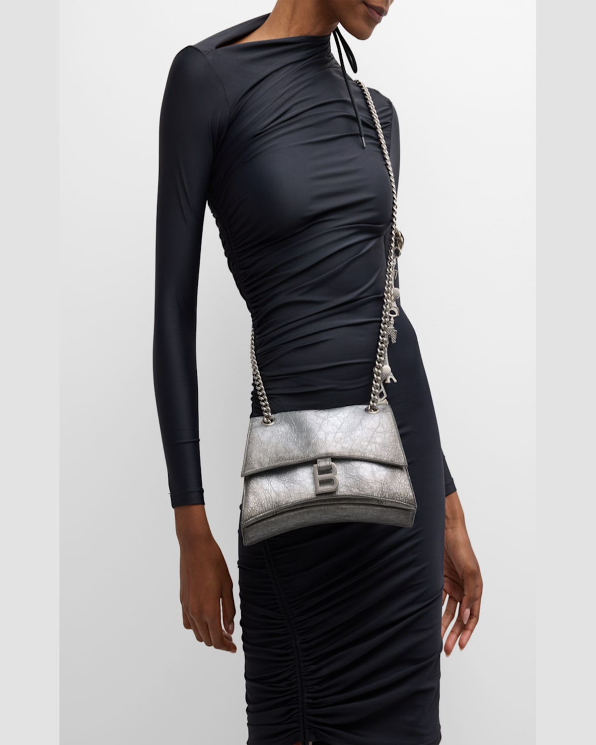 Balenciaga Crush Small Charms Metallic Leather Shoulder Bag In Silver