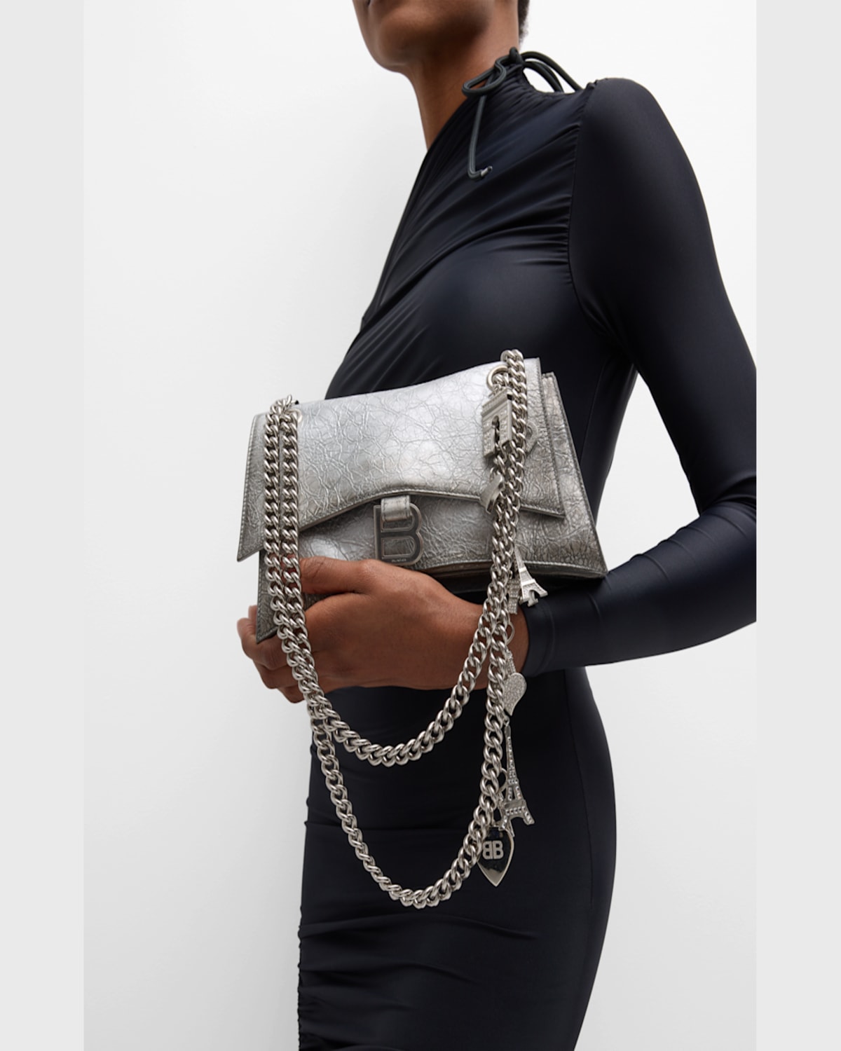 Balenciaga Crush Small Charms Metallic Leather Shoulder Bag In Silver