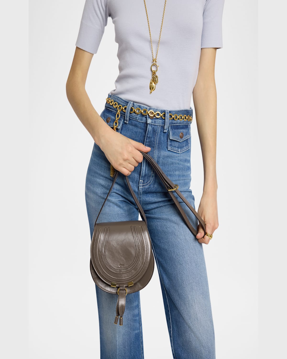 Chloé Marcie Small Crossbody Bag In Shiny Calfskin In Flannel Grey