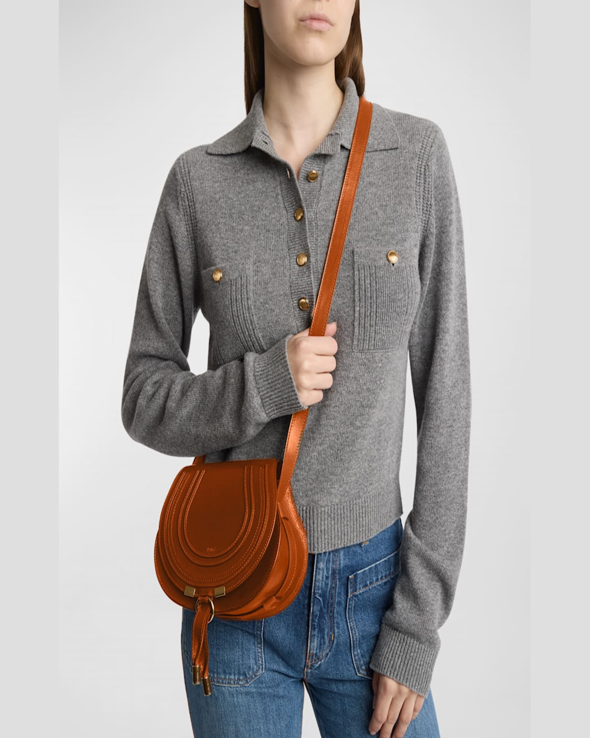 Chloé Marcie Small Crossbody Bag In Shiny Calfskin In Flannel Grey