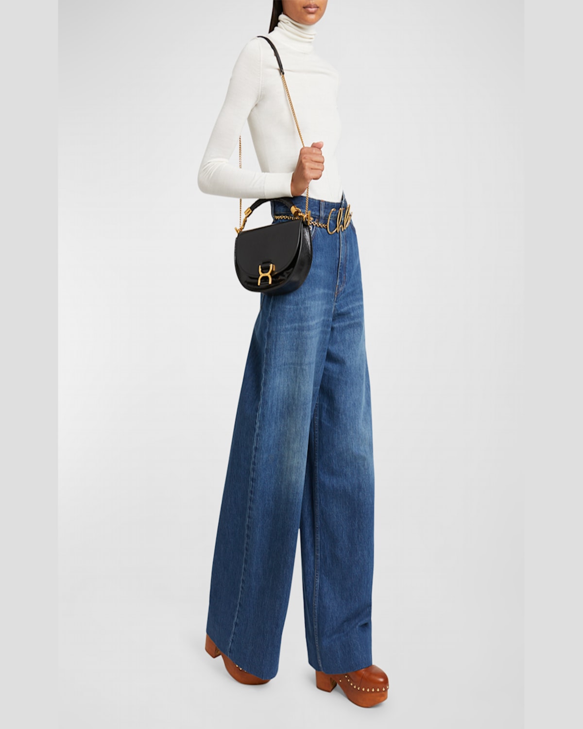 Chloé Marcie Flap Crossbody Bag In Shiny Calfskin In Black
