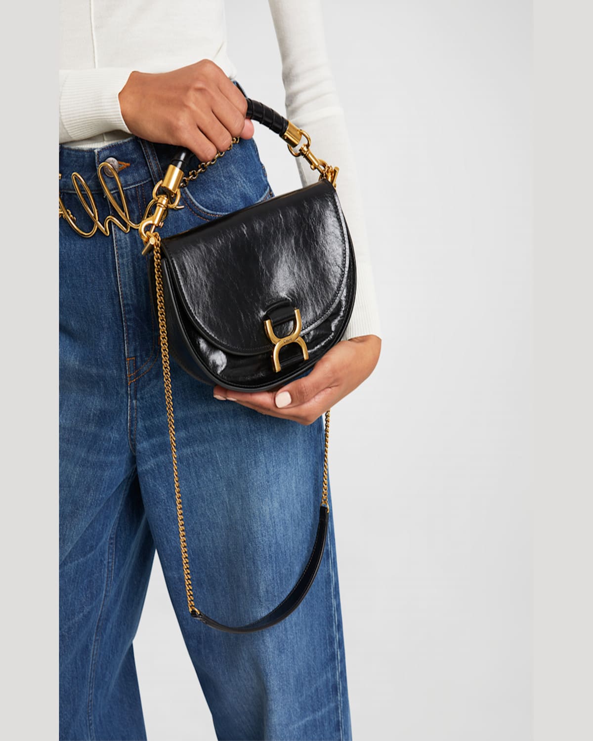 Chloé Marcie Flap Crossbody Bag In Shiny Calfskin In Black