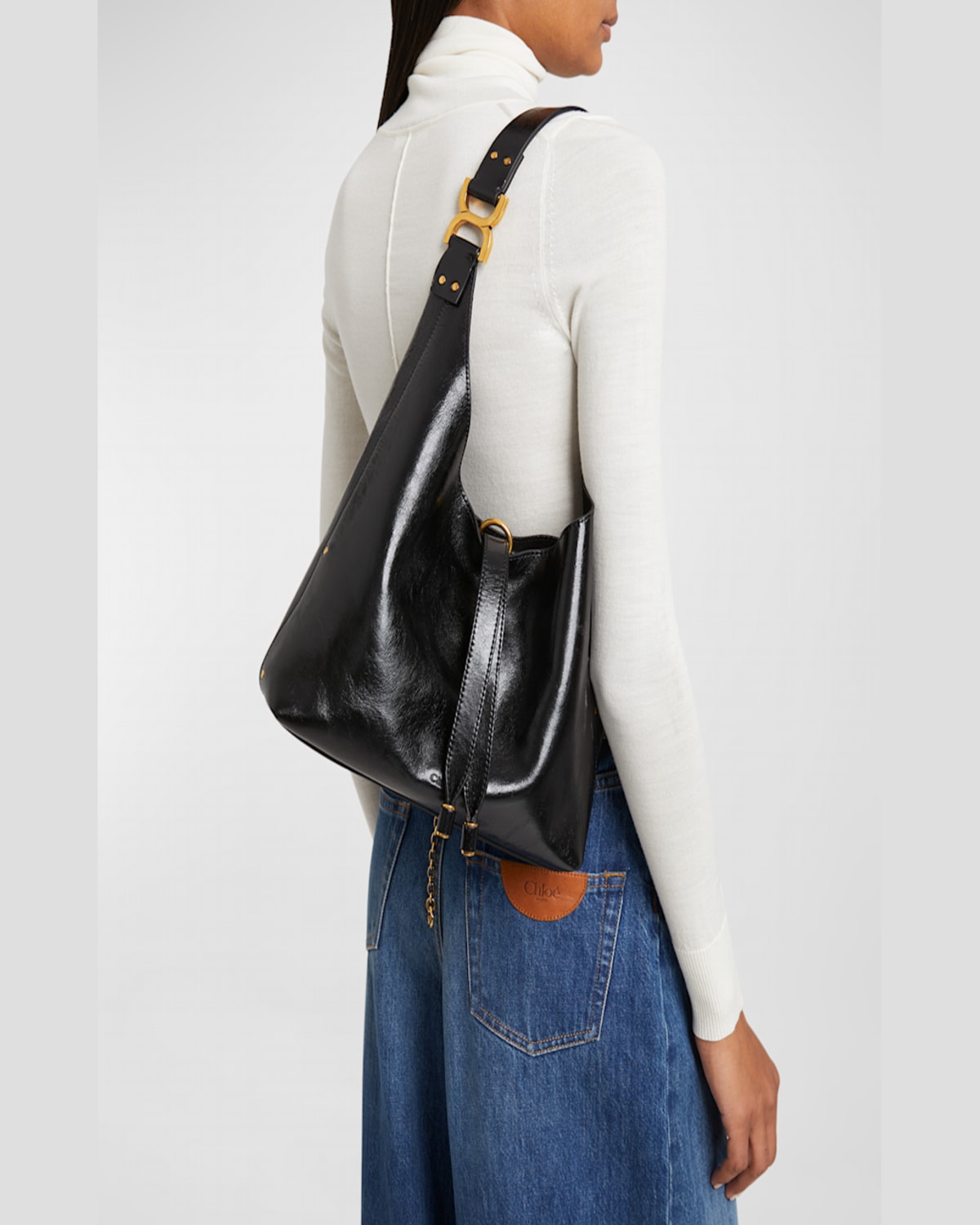 Chloé Marcie Small Hobo Bag In Shiny Calfskin In Black