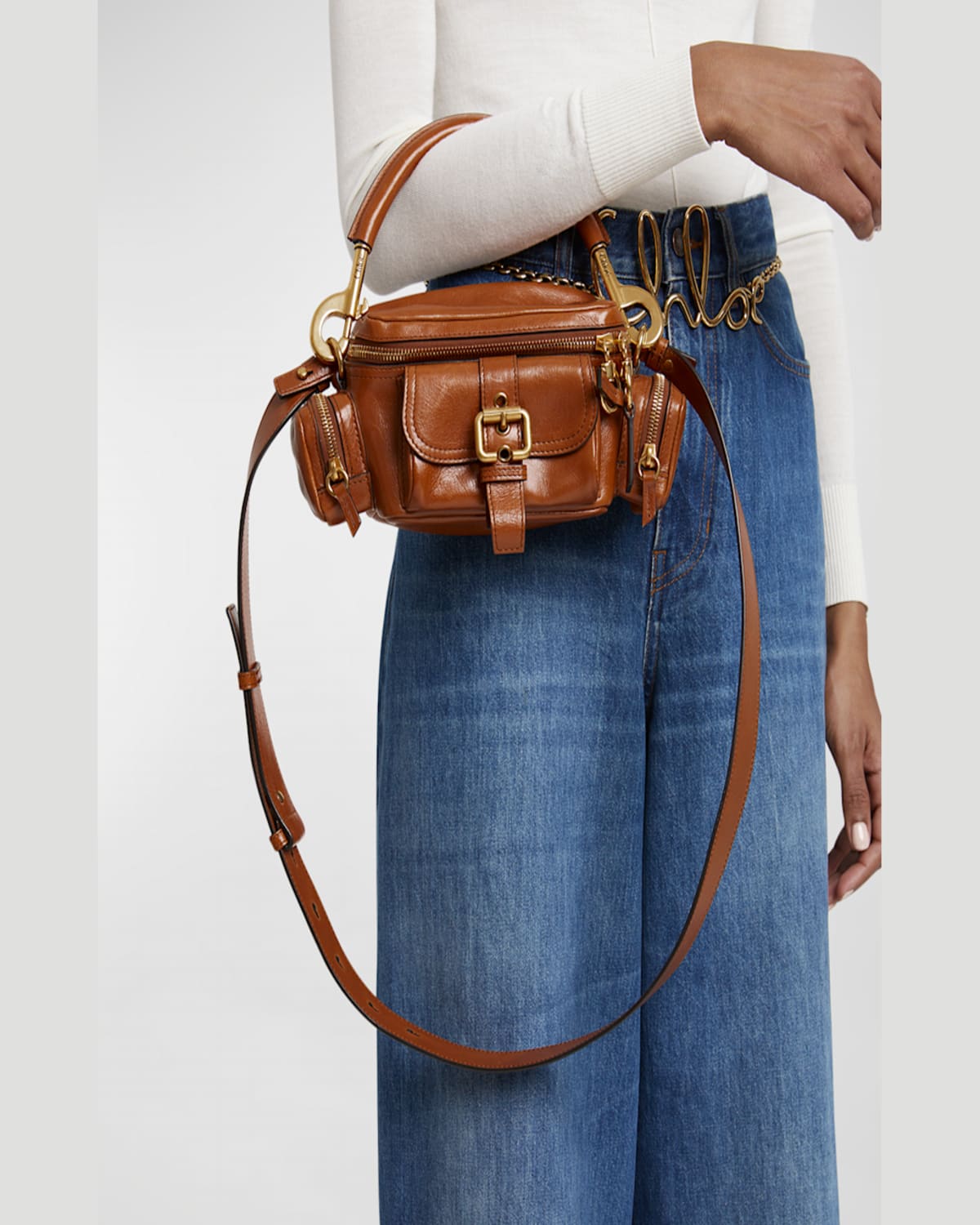 Chloé Small Double Carry Leather Bag With Multipocket Detail In Clay Brown
