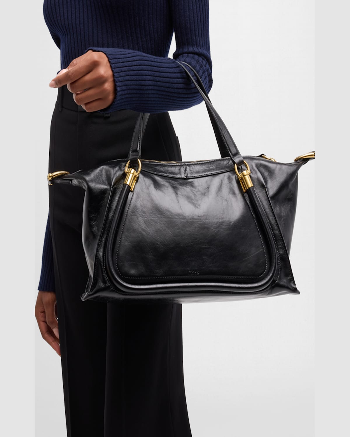 Chloé Paraty 24 Large Bag In Shiny Calfskin In Black