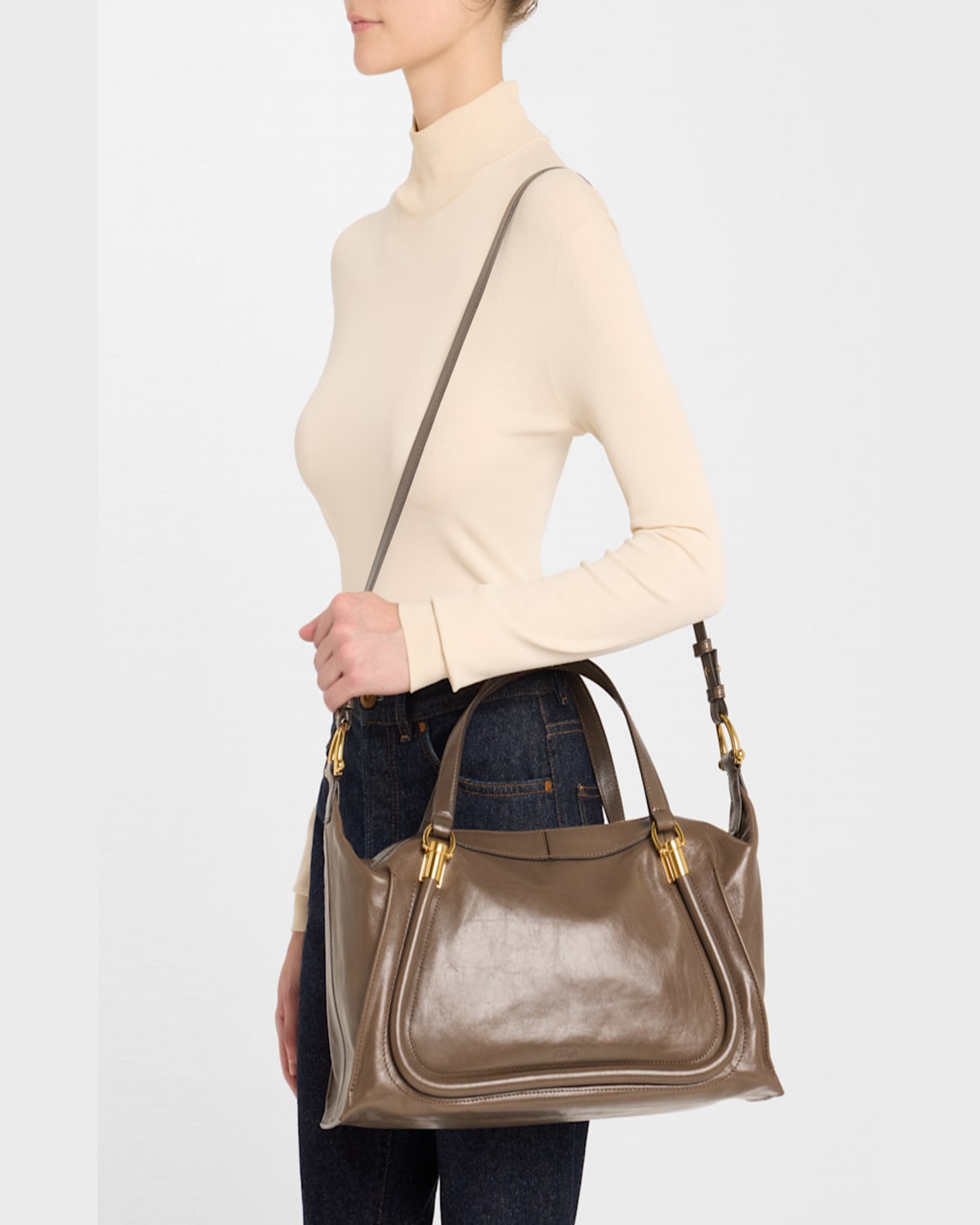 Chloé Paraty 24 Large Bag In Shiny Calfskin In Flannel Grey