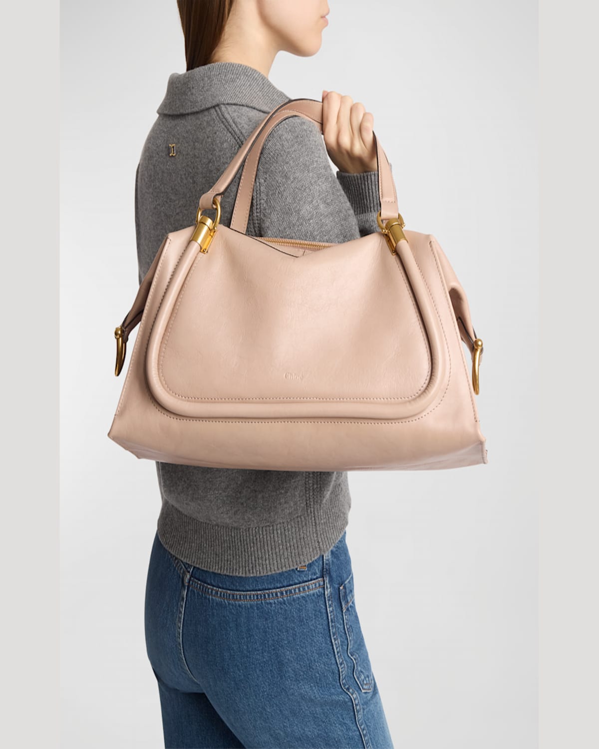 Chloé Paraty 24 Large Bag In Shiny Calfskin In Deep Beige