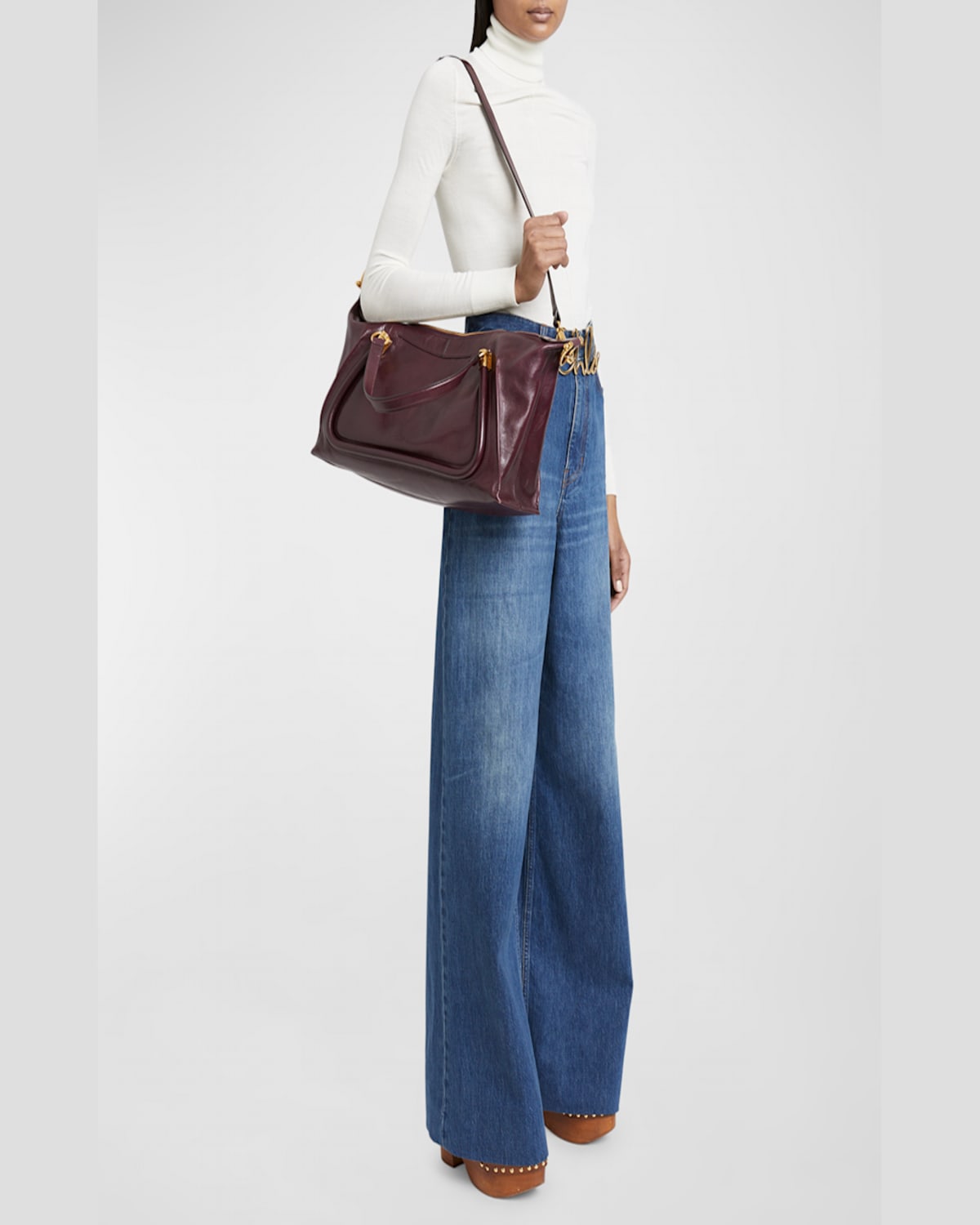 Chloé Paraty 24 Large Bag In Shiny Calfskin In Flannel Grey