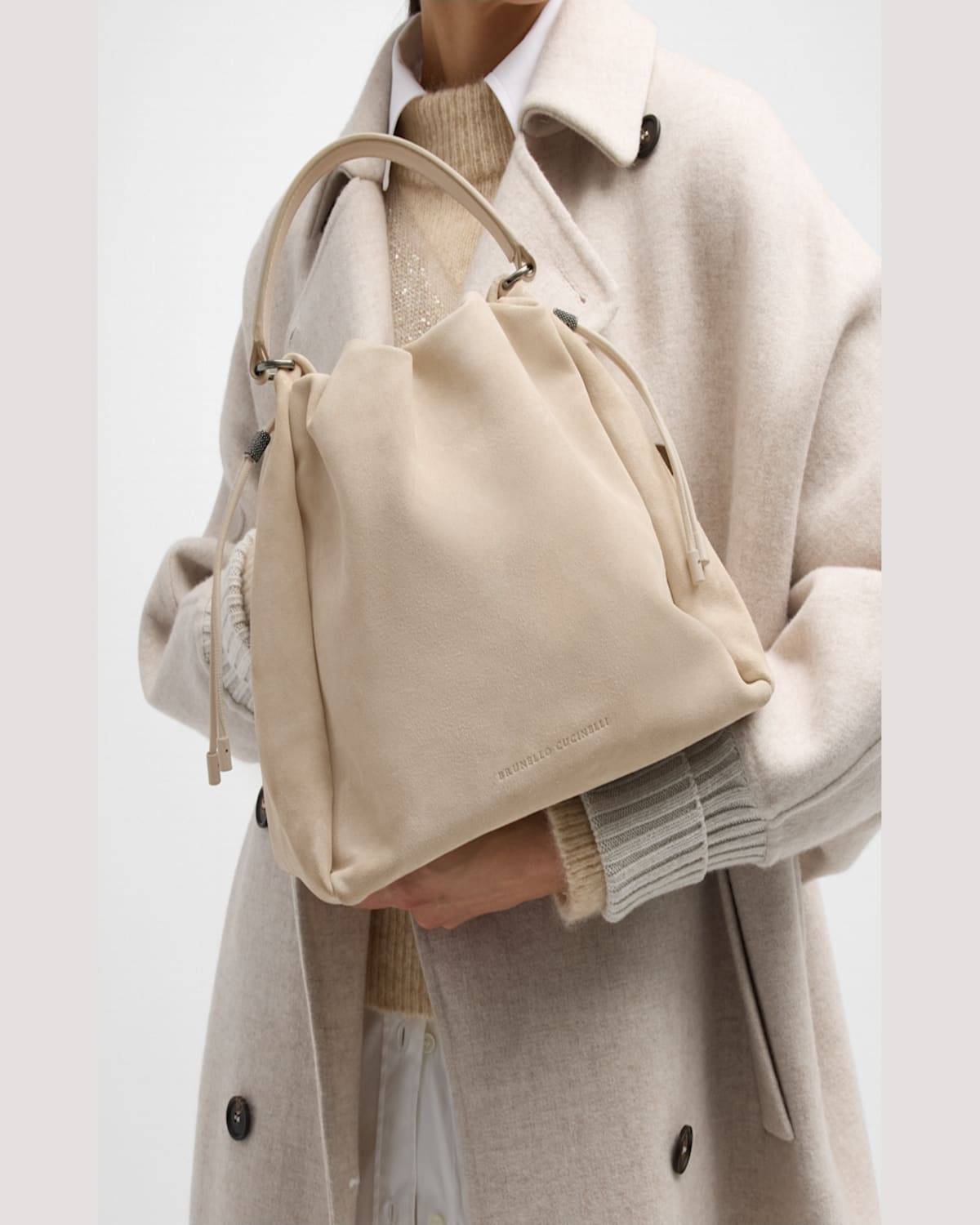 Brunello Cucinelli Medium Drawstring Suede Top-handle Bag In Quarzo